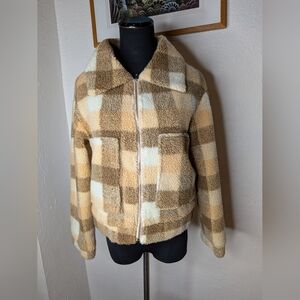 Princess Polly Doria Teddy Bear Plaid Beige Cream Brown Collared Jacket size 2
